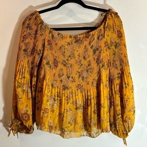 WILFRED Sz M Elastic Neckline Pleated Peplum Puffy Sleeves Bow Lined Top Blouse